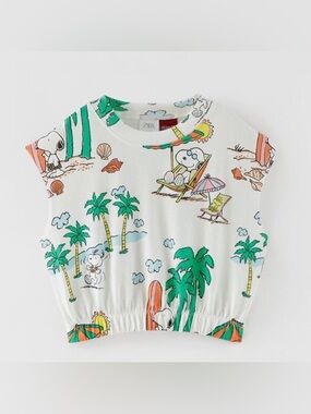 ZARA Kids Girl New 11/12 Snoopy Peanuts Shirt White Tee with Snoopy Beach Print